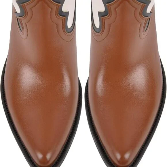 Studded Rivets Knee High Cowboy Boots Pull On Pointed Toe Stacked Embroidered - Picture 6 of 6